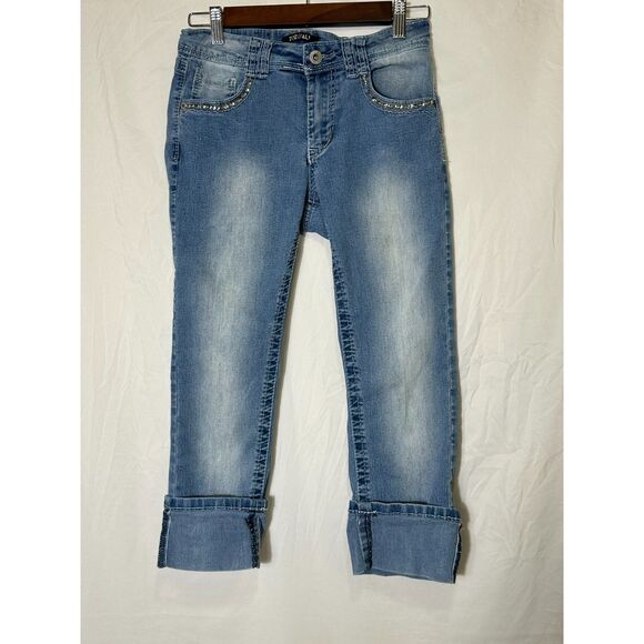 Roz & Ali Women's Cropped Distressed Embellished Blue Jeans Size 4 - Picture 1 of 3